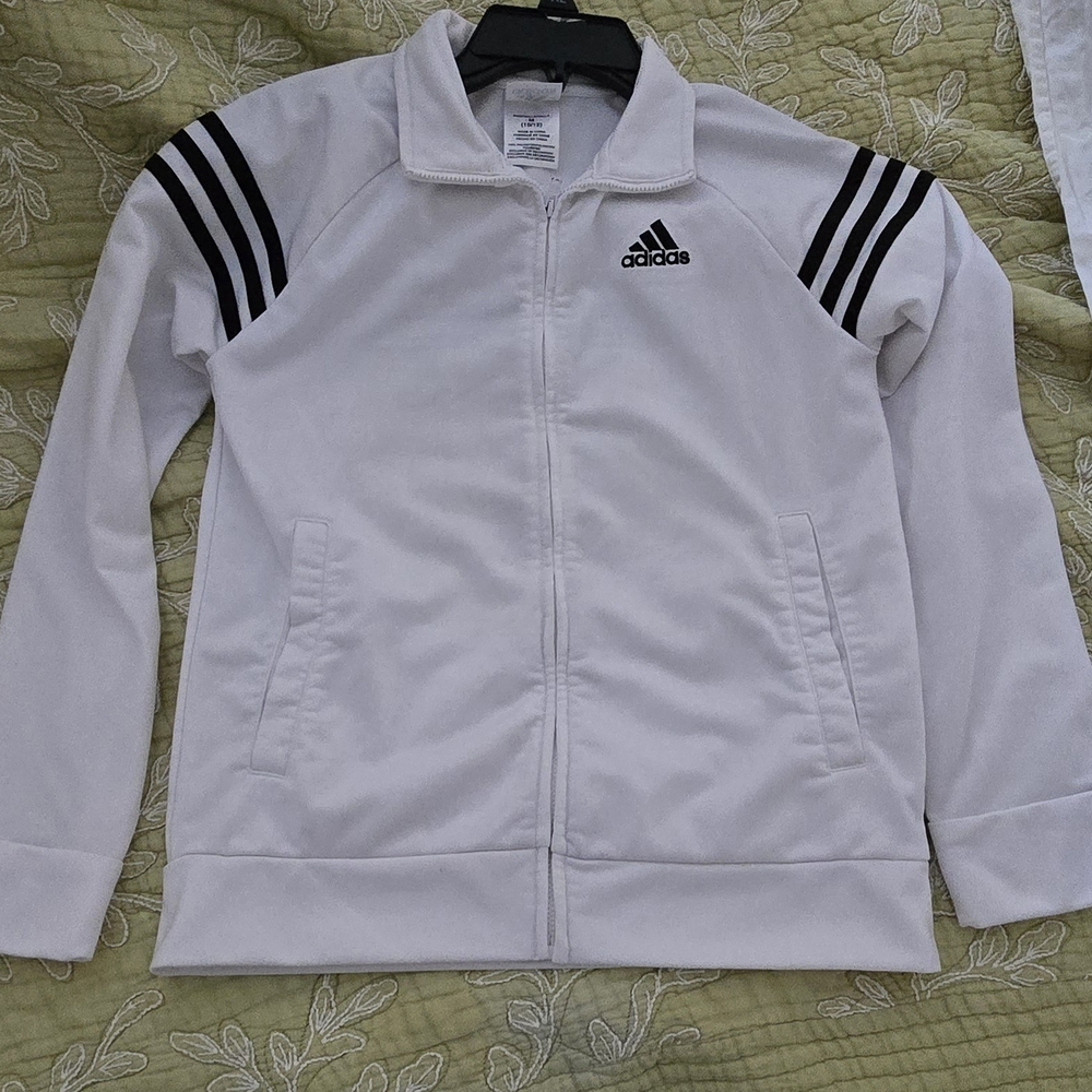 Adidas Girl's White Track Jacket with Black Stripes